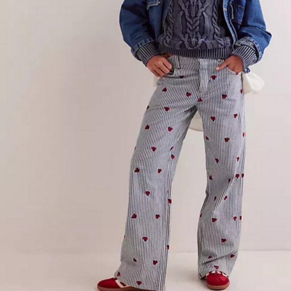 Free People We The Free Bugged Out Straight-Leg Jeans Pants Print Embroidered 27